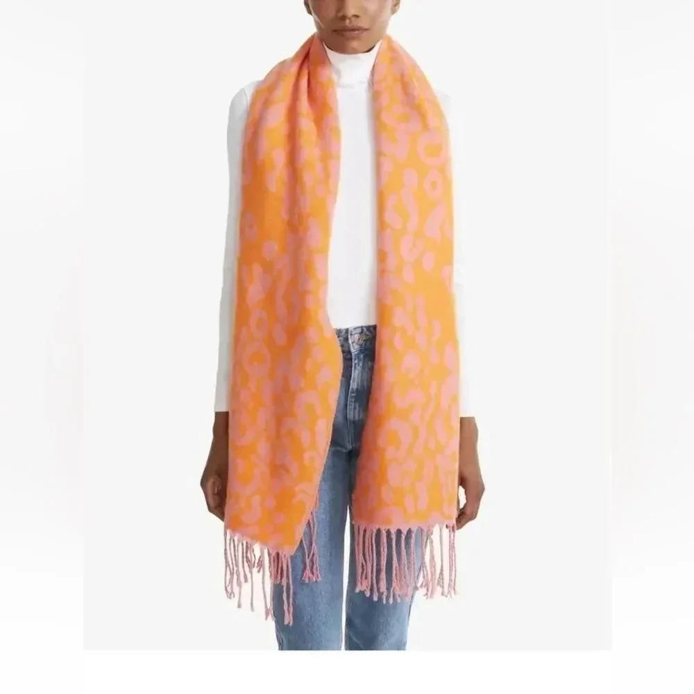 Steve Madden Reversible Leopard Print Scarf Orange Pink With Fringe